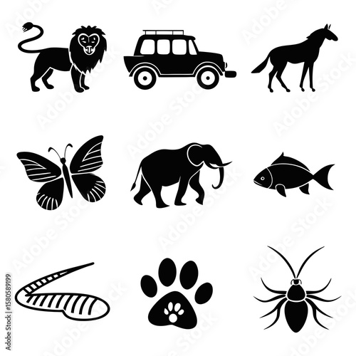 Wildlife and animal silhouettes depicting diverse species including mammals insects aquatic creatures and avians in black and white minimalistic style