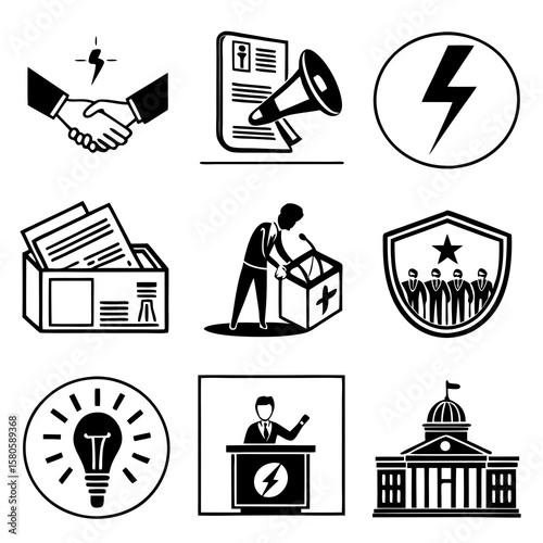 collection of icons representing communication, security, power, information, voting, innovation, leadership, governance, and ideas