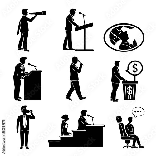 Business Presentation and Communication Icons Set Depicting Various Professional Activities and Public Speaking Scenarios for Corporate and