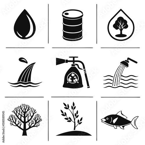 Environmental Pollution Symbols Depicting Water Contamination and Oil Spills with Nature and Industry Elements in a Minimalist Style