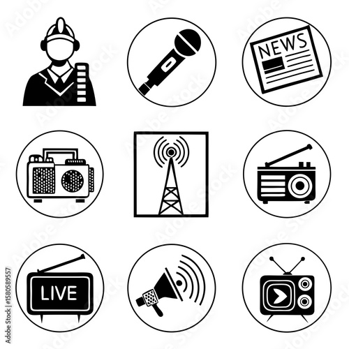 Collection of radio, broadcasting, and communication icons representing media and technology elements in simple line art style