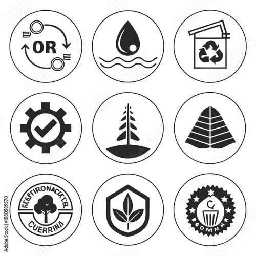 Environmental Sustainability Icons Representing Water Conservation Recycling and Eco-Friendly Practices Focused on Water Drop Eco Leaf and Waste