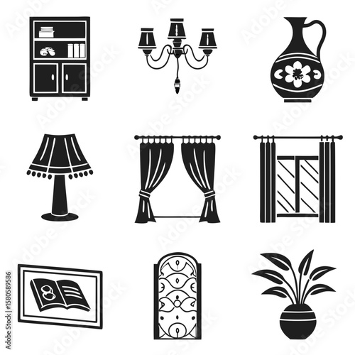 Collection of elegant household decorative items including furniture, lighting fixtures, and window treatments for interior design enhancement