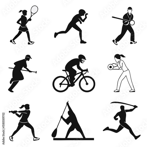 Dynamic silhouettes of individuals engaging in diverse sports and outdoor activities emphasizing movement and physicality in a monochrome style