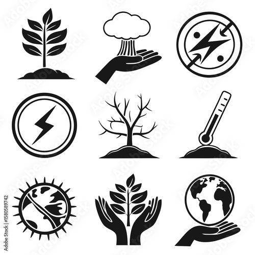Collection of eco-friendly icons representing environmental conservation and sustainable energy themes with symbols of nature and renewable resources