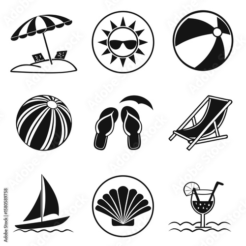 Vibrant summer beach scene featuring umbrellas sunhat beach ball and watercraft with tropical drink and seashells for perfect seaside getaway ambiance