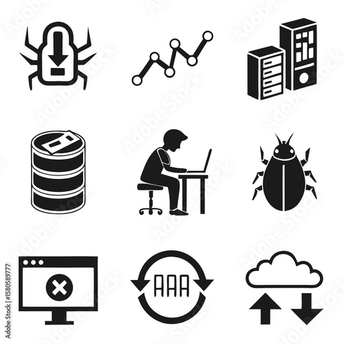 Collection of icons representing technology, data analysis, cybersecurity, cloud computing, and office work in a minimalistic style suitable for