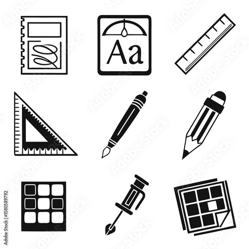Collection of black and white educational drawing tools including rulers, pencils, pens, and geometric set squares for creative and technical
