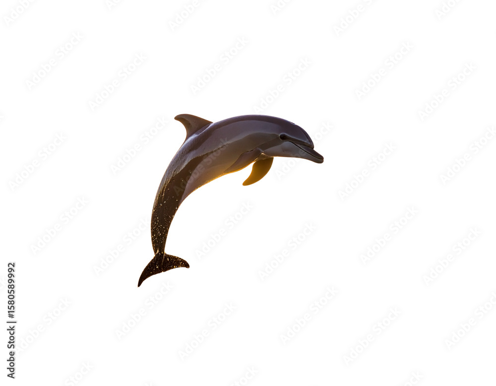 Fototapeta premium Dolphin Emerging from Ocean in Front Flip Pose with Splash Ring, Sunset Glow Lighting, Isolated PNG