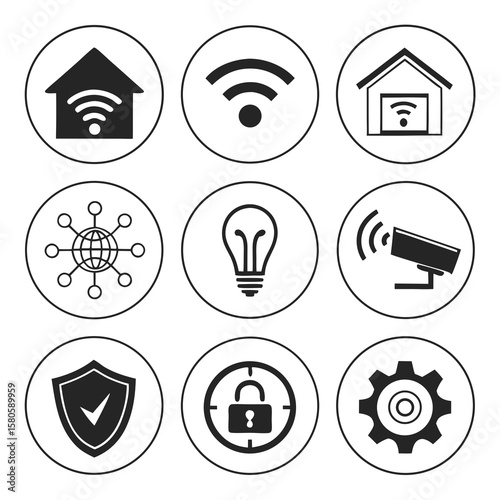Collection of icons representing Wi-Fi connectivity security and smart home technology with network security and control symbols in monochrome design
