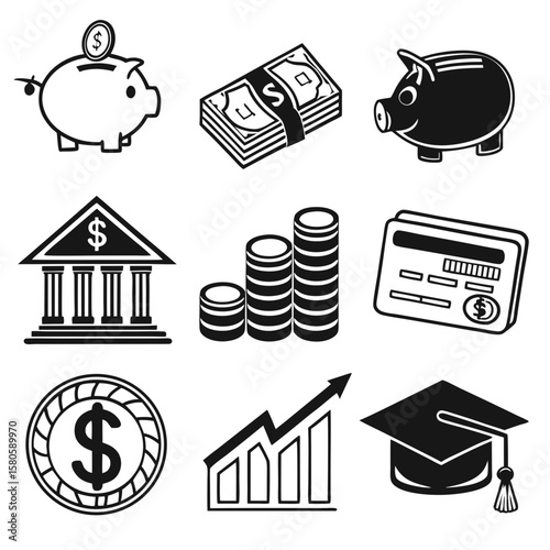 Collection of financial and economic symbols representing savings investments and monetary growth concepts suitable for finance and business themes