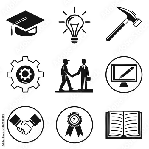 collection of professional icons representing education innovation business collaboration and technological tools in minimal style aprropriate for