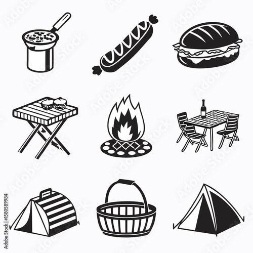 Simple line icons representing outdoor camping, cooking, and grilling equipment with portable and recreational setups for adventure enthusiasts