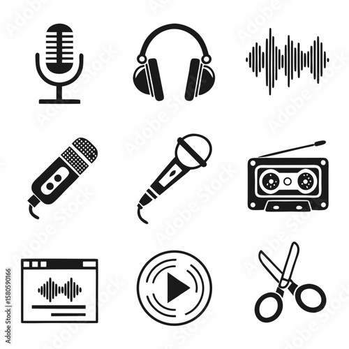 Collection of modern audio and recording equipment icons illustrating sound capture and production tools used in broadcasting and music creation