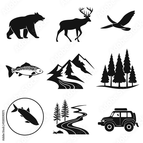 Silhouette collection of wilderness and outdoor adventure icons combining animals and nature scenes in black and white illustration
