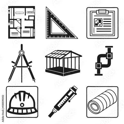 Collection of architectural drafting tools and construction elements for precise building design and structural planning