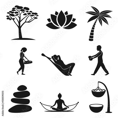 Simplified silhouette icons representing diverse outdoor and wellness activities including nature, meditation, and relaxation themes in minimalistic