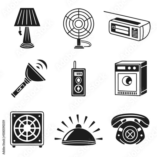 Collection of vintage electronic devices and communication tools in black and white line art illustration