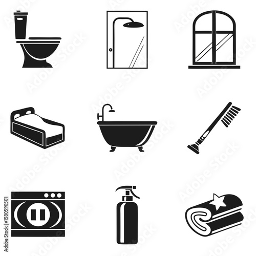 Minimalist bathroom fixtures and accessories illustrating essential hygiene and sanitation elements in monochrome style