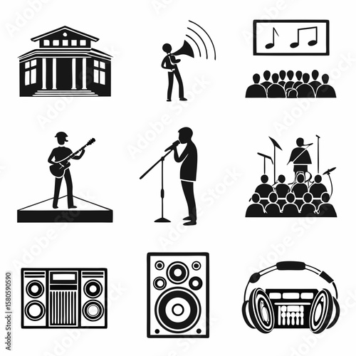 Illustration of musical performance and audience engagement in a dynamic concert setting capturing sound equipment and artists in action