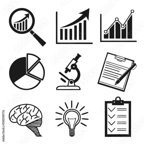 Diverse Business and Analytical Icons Representing Data, Research, and Innovation Solutions in Modern Workspaces
