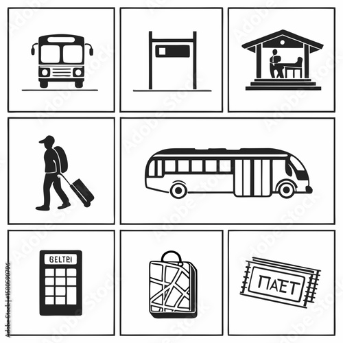 Comprehensive public transportation station illustration showcasing bus, train, ticketing kiosk, and traveler facilities for urban mobility