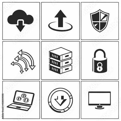 Collection of cybersecurity and data protection icons representing cloud computing security network servers and user privacy safeguards