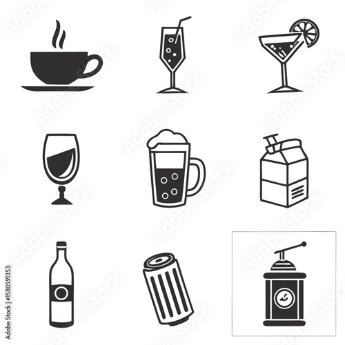 Collection of Various Beverage and Drink Icons Including Hot Coffee Cold Beer and Cocktail Glasses with Lime Slices and Beverage Bottles