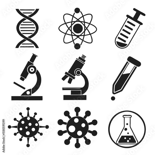 Collection of scientific and laboratory icons depicting DNA helix atom test tube microscope virus and laboratory flask in a minimalistic style