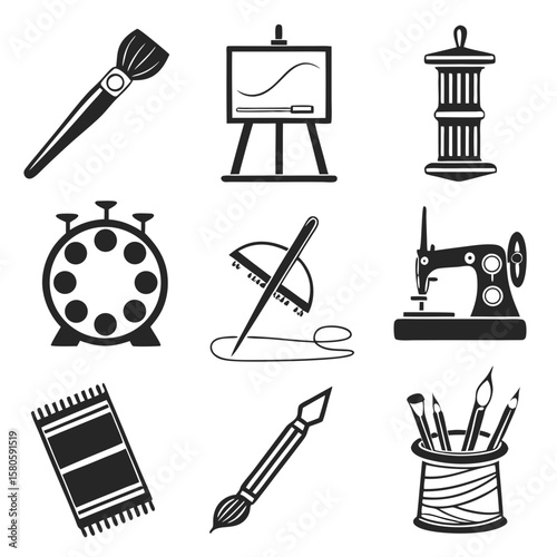 Collection of artistic tools and creative equipment icons representing various artistic and crafty activities for design or illustrative purposes