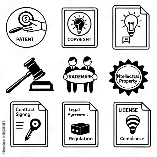 Collection of Intellectual Property Icons Representing Legal and Creative Rights Symbols