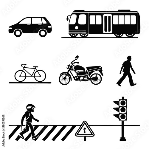 Diverse modes of urban transportation including cars bicycles and pedestrians highlighting city mobility concepts