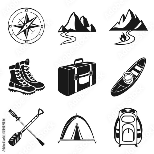 adventure gear set with compass mountaineering hiking boots suitcase kayak tent and backpack for outdoor exploration and travel activities