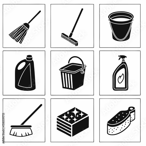 Collection of Cleaning Tools and Supplies including broom, mop, bucket, spray bottle, sponge, and detergent in a monochrome icon set for household