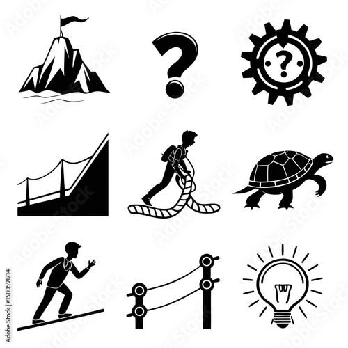 Abstract puzzle sequence demonstrating problem-solving and strategic thinking with icons representing nature, innovation, adventure, science, and