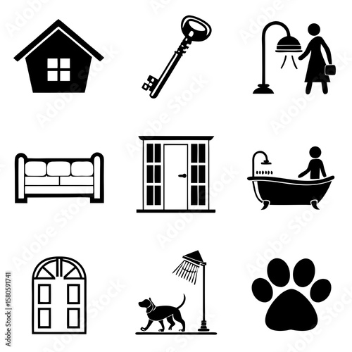 Collection of simple monochrome icons depicting domestic and outdoor elements including a house key lamp bath and paw print