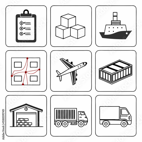 Collection of simple black and white line icons representing various logistics and transportation elements including shipping, freight, aircraft,