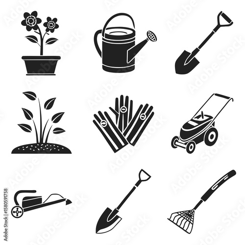 Collection of garden tools and accessories for planting, gardening, and outdoor maintenance activities in a minimalistic black and white icon style