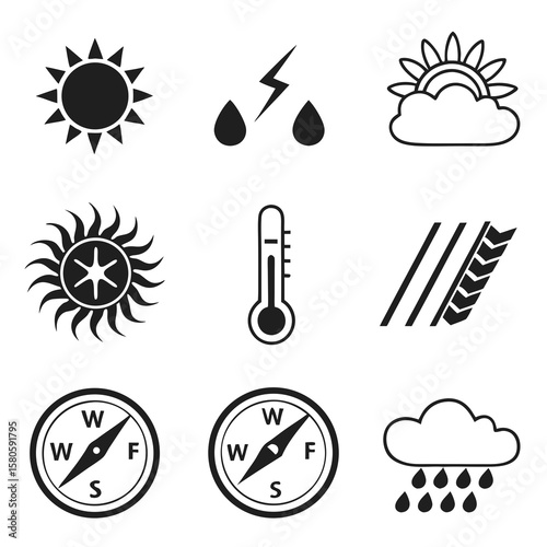 Collection of weather icons representing sunshine, rain, clouds, and temperature for climate and environmental illustrations