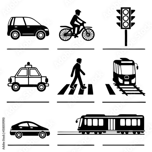 Diverse urban transportation modes illustrating sustainable and conventional travel methods on city streets with vehicles and pedestrians in motion