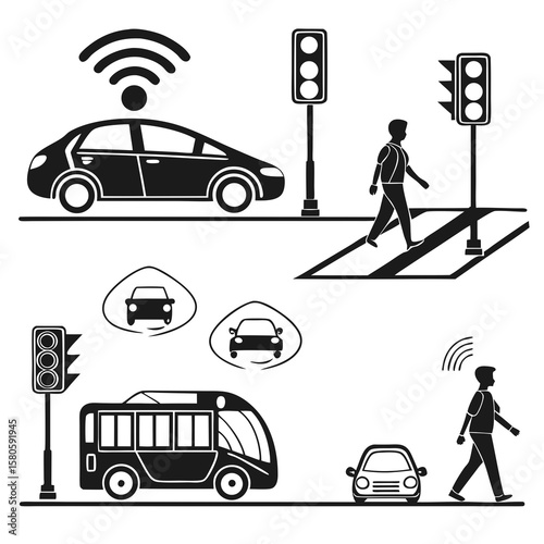 illustration of urban pedestrian and vehicle traffic control signals and transportation modes in a city environment emphasizing safety and