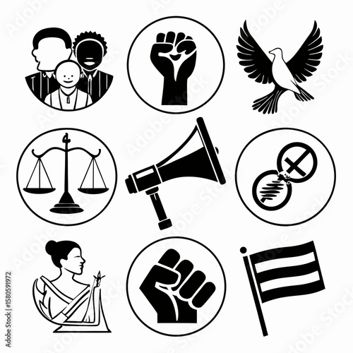 Symbols of justice advocacy social activism and freedom representing diverse principles and movements in a minimalist monochrome style