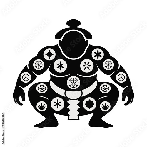 Silhouette illustration of a sumo wrestler featuring stylized japanese pattern embellishments in black and white