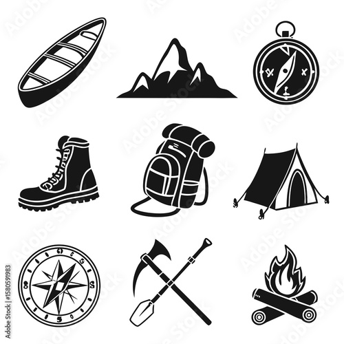 Set of essential outdoor adventure gear icons including boat mountain compass boots backpack tent and campfire suitable for wilderness exploration
