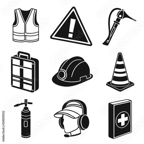 Collection of safety and construction icons including warning signs personal protective equipment and medical supplies for workplace safety protocols