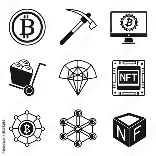 Digital cryptocurrency icons and blockchain symbols illustrating modern financial technology concepts with a focus on digital assets and