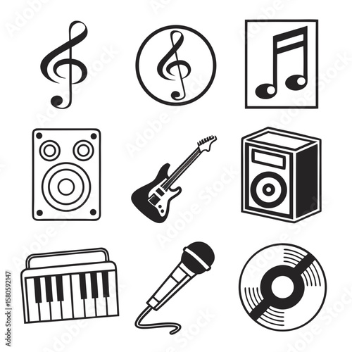 Diverse Collection of Musical Symbols and Instruments Highlighting Sound Creation and Audio Equipment