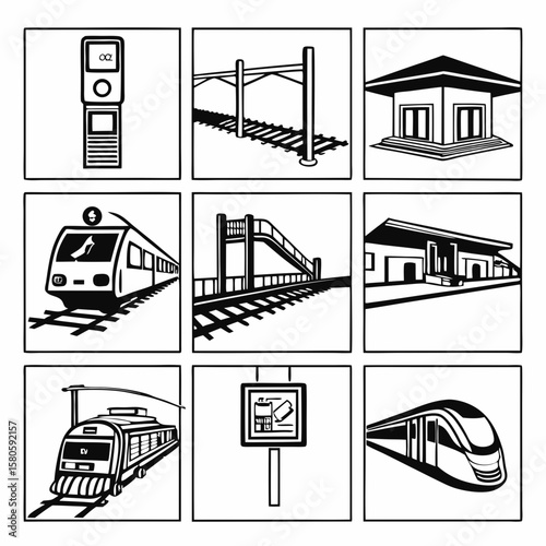 Collection of Simplified Line Art Icons Depicting Urban Infrastructure and Transportation Elements for Design Projects
