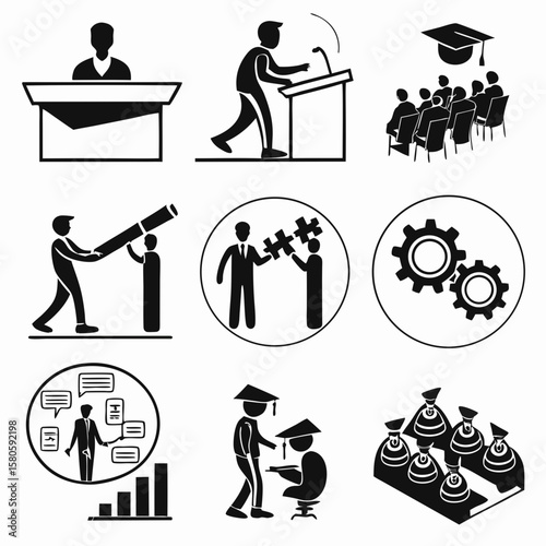 Illustration of diverse educational and professional activities depicting classroom lectures, presentations, hands-on experiments, networking,