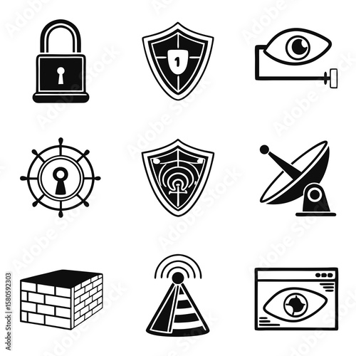 Collection of cybersecurity and surveillance icons depicting security locks shields cameras radars and network protection symbols for digital safety